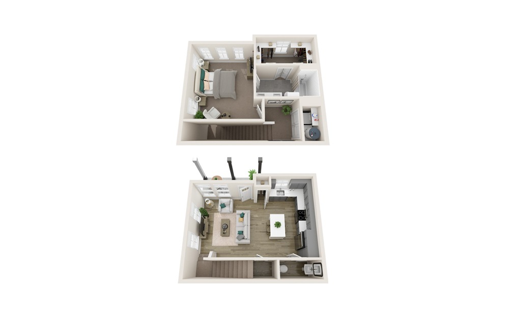 One Bedroom Cottage (A2b) - 1 bedroom floorplan layout with 1.5 bath and 948 square feet. (Interior)