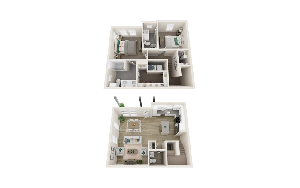 Two Bedroom Cottage (B1) - 2 bedroom floorplan layout with 2.5 baths and 1272 square feet. (Interior)