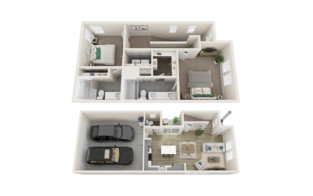 Two Bedroom Farmhouse (B2) - 2 bedroom floorplan layout with 2.5 baths and 1227 square feet. (Interior)