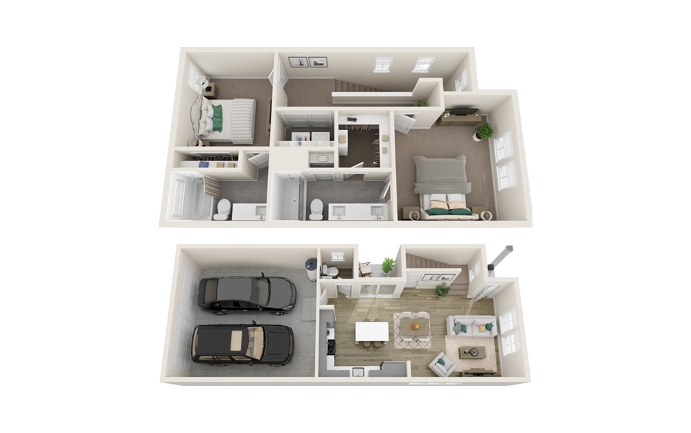 Two Bedroom Farmhouse (B2T) - 2 bedroom floorplan layout with 2.5 baths and 1242 square feet. (Interior)