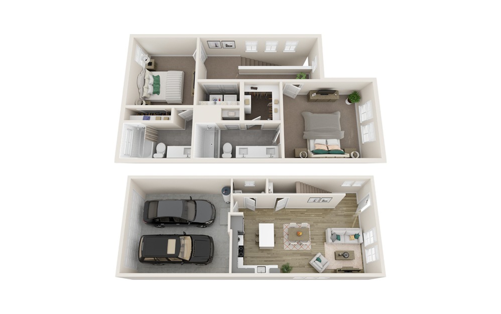 Two Bedroom Farmhouse (B3) - 2 bedroom floorplan layout with 2.5 baths and 1275 square feet. (Interior)