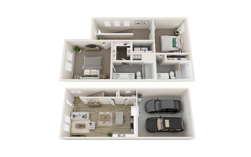 Two Bedroom Farmhouse (B3D) - 2 bedroom floorplan layout with 2.5 baths and 1275 square feet. (Interior)