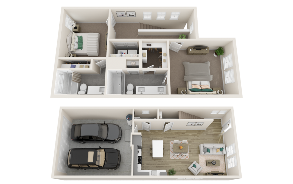Two Bedroom Farmhouse (B3T) - 2 bedroom floorplan layout with 2.5 bathrooms and 1275 square feet