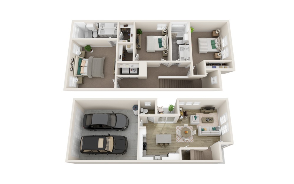 Three Bedroom Farmhouse (C3) - 3 bedroom floorplan layout with 2.5 baths and 1387 square feet. (Interior)